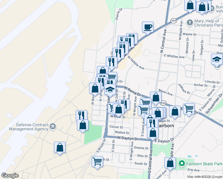 map of restaurants, bars, coffee shops, grocery stores, and more near 138 North Broad Street in Fairborn
