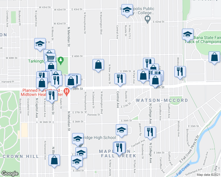 map of restaurants, bars, coffee shops, grocery stores, and more near 409 East 38th Street in Indianapolis