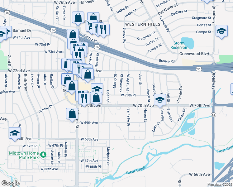 map of restaurants, bars, coffee shops, grocery stores, and more near 7079 Masey Street in Denver
