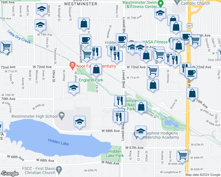 map of restaurants, bars, coffee shops, grocery stores, and more near 7125 Newton St in Westminster