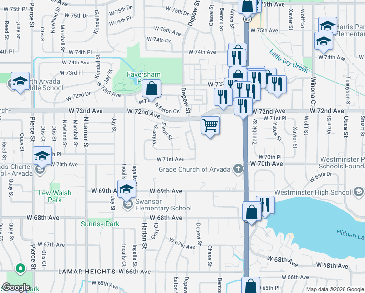 map of restaurants, bars, coffee shops, grocery stores, and more near 7149 Depew Circle in Arvada