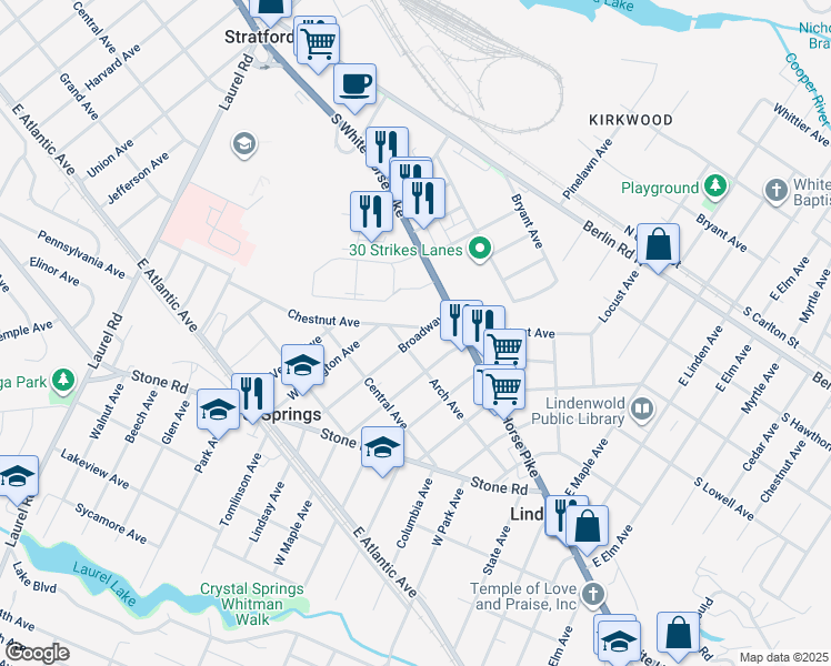 map of restaurants, bars, coffee shops, grocery stores, and more near 624 Arch Avenue in Laurel Springs
