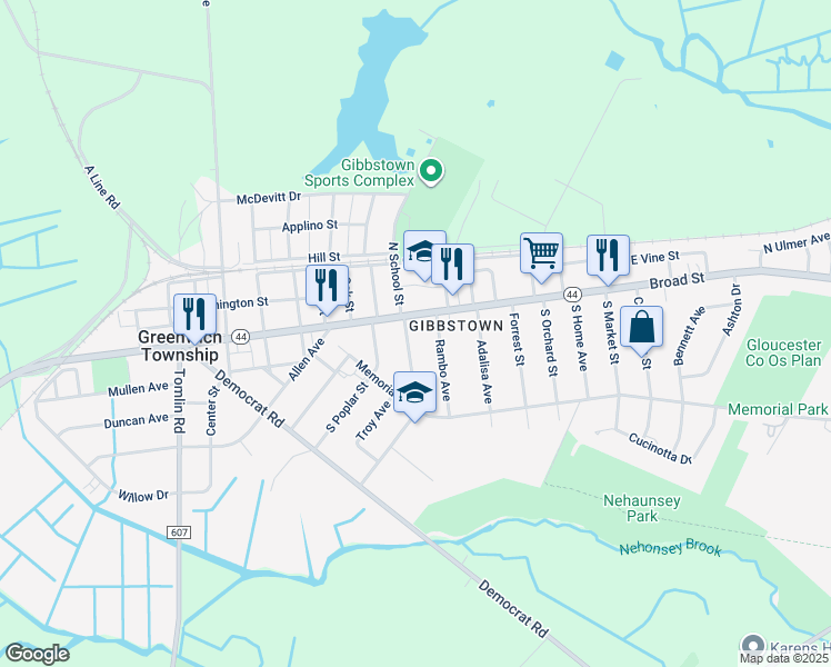map of restaurants, bars, coffee shops, grocery stores, and more near 30 South School Street in Greenwich Township