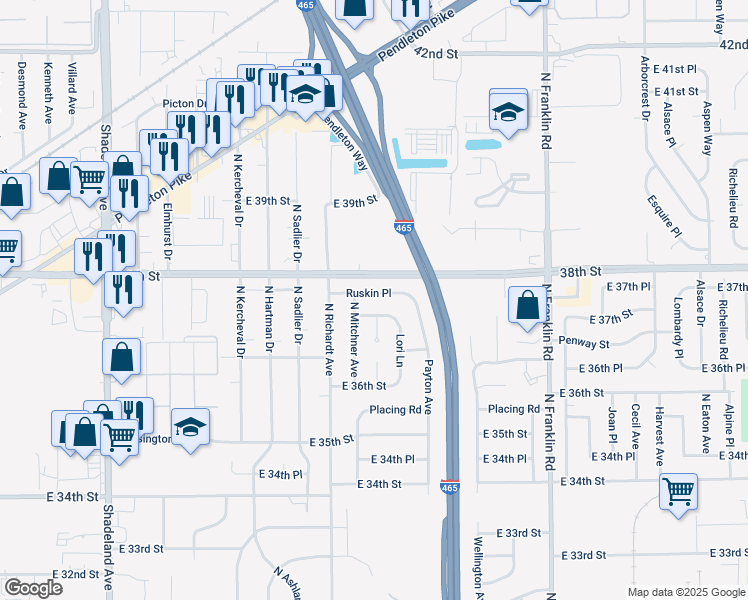 map of restaurants, bars, coffee shops, grocery stores, and more near 7607 Ruskin Place in Indianapolis