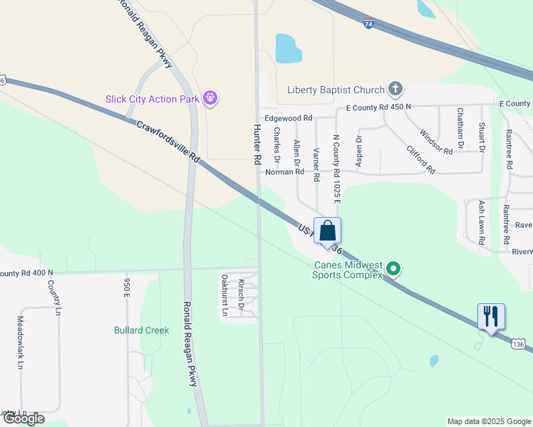map of restaurants, bars, coffee shops, grocery stores, and more near 10021 US Highway 136 in Indianapolis