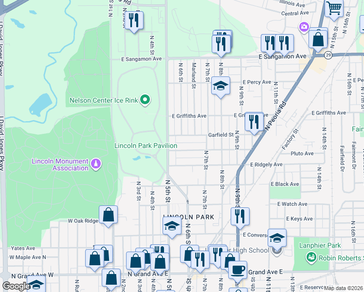 map of restaurants, bars, coffee shops, grocery stores, and more near 601 Wood Avenue in Springfield