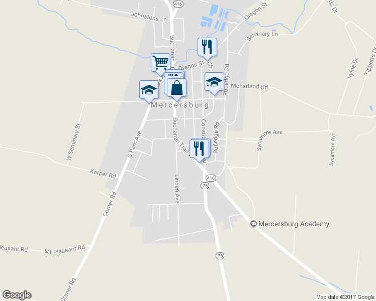map of restaurants, bars, coffee shops, grocery stores, and more near 229 South Main Street in Mercersburg