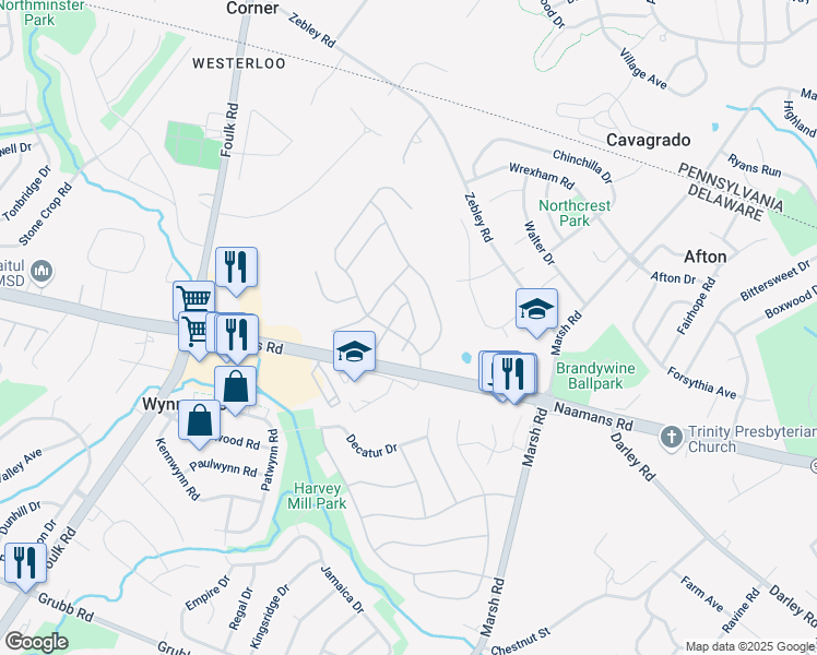 map of restaurants, bars, coffee shops, grocery stores, and more near 306 Rockmeade Drive in Wilmington