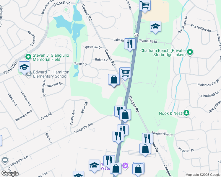 map of restaurants, bars, coffee shops, grocery stores, and more near 79 New Jersey 73 in Voorhees Township