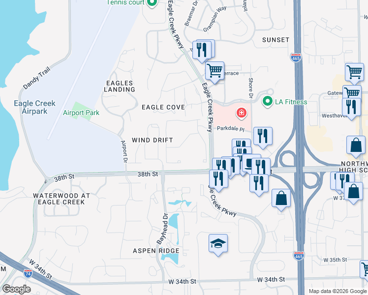 map of restaurants, bars, coffee shops, grocery stores, and more near 7111 Thickett Drive in Indianapolis