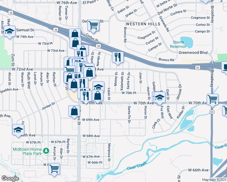 map of restaurants, bars, coffee shops, grocery stores, and more near 7079 Masey Street in Denver