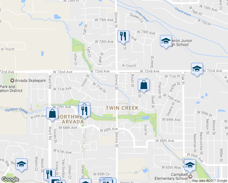 map of restaurants, bars, coffee shops, grocery stores, and more near 7115 Simms Street in Arvada