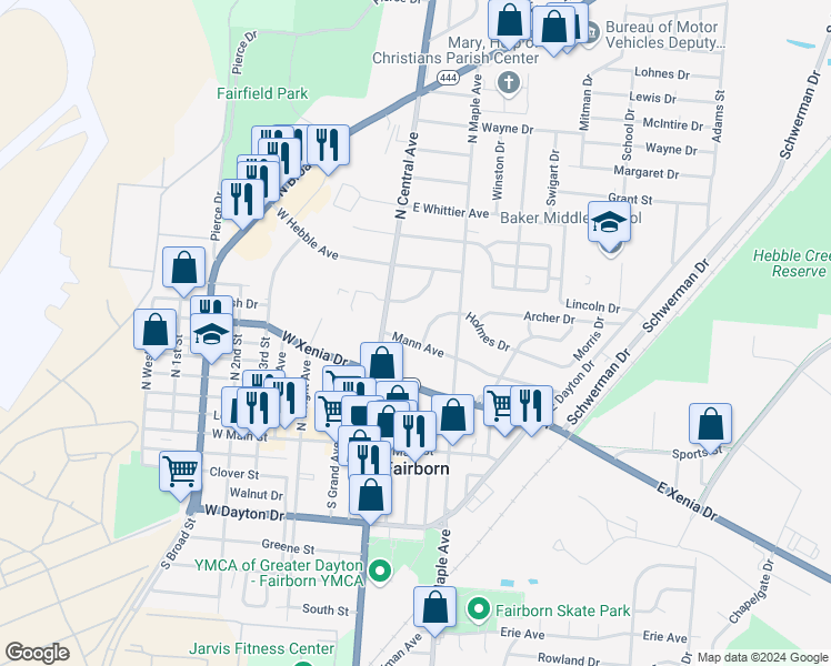 map of restaurants, bars, coffee shops, grocery stores, and more near 27 Mann Avenue in Fairborn