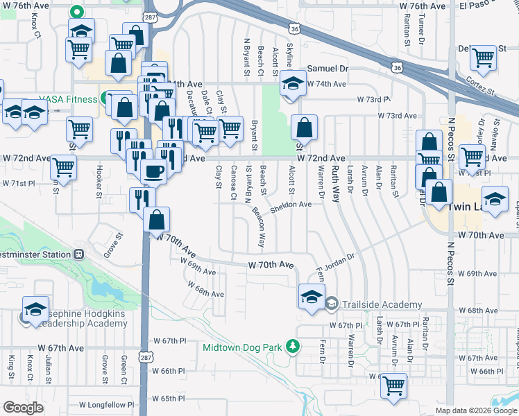 map of restaurants, bars, coffee shops, grocery stores, and more near 7080 Beacon Way in Westminster