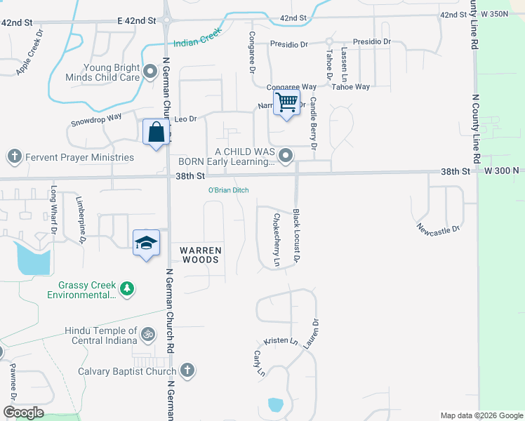 map of restaurants, bars, coffee shops, grocery stores, and more near 3667 Rock Maple Drive in Indianapolis