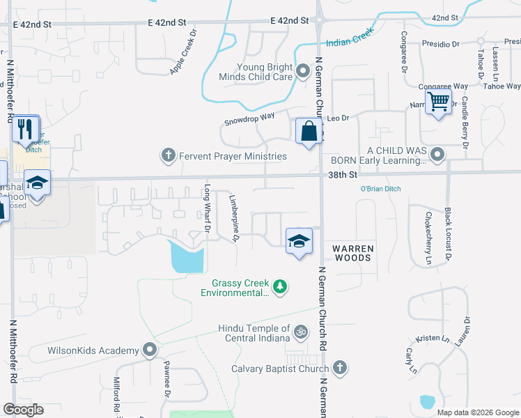 map of restaurants, bars, coffee shops, grocery stores, and more near 10822 Bellflower Court in Indianapolis