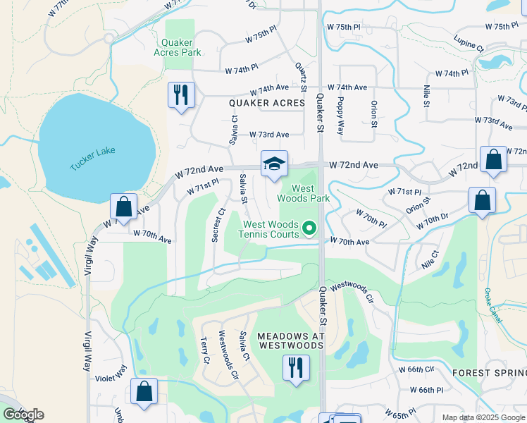 map of restaurants, bars, coffee shops, grocery stores, and more near 7058 Russell Court in Arvada