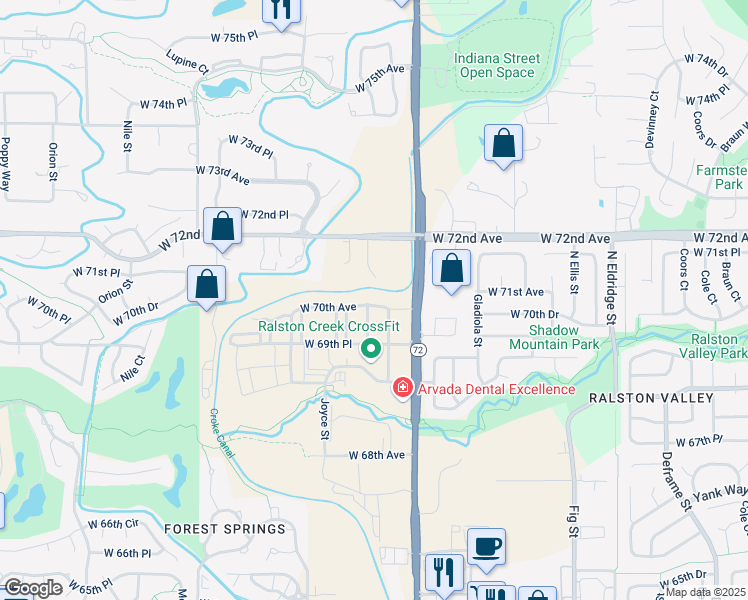 map of restaurants, bars, coffee shops, grocery stores, and more near 15031 West 70th Avenue in Arvada