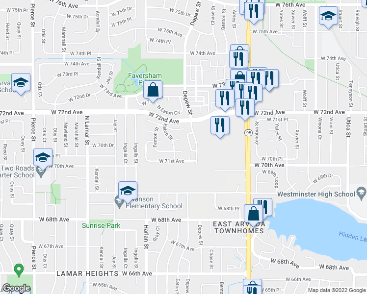 map of restaurants, bars, coffee shops, grocery stores, and more near 7149 Depew Circle in Arvada