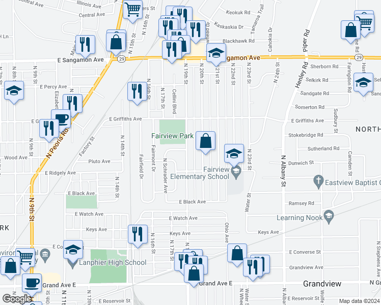 map of restaurants, bars, coffee shops, grocery stores, and more near 1800 North 19th Street in Springfield