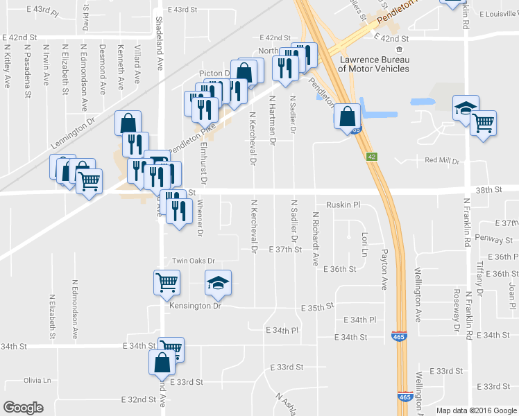 map of restaurants, bars, coffee shops, grocery stores, and more near 3757 North Kercheval Drive in Indianapolis