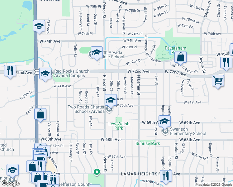 map of restaurants, bars, coffee shops, grocery stores, and more near 7047 Otis Street in Arvada