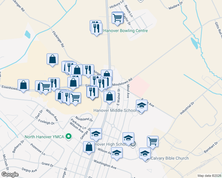 map of restaurants, bars, coffee shops, grocery stores, and more near 1335 Broadway in Hanover