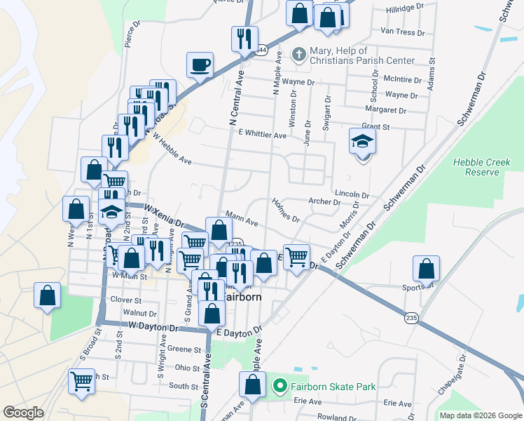 map of restaurants, bars, coffee shops, grocery stores, and more near 225 North Maple Avenue in Fairborn