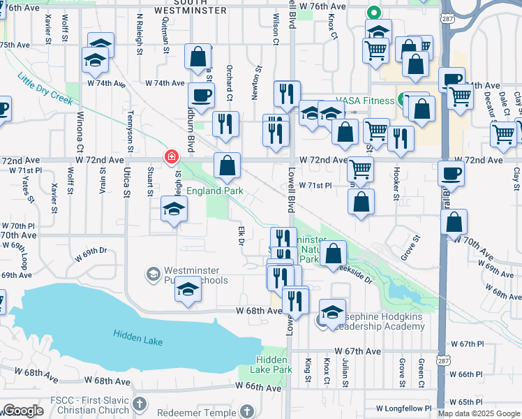 map of restaurants, bars, coffee shops, grocery stores, and more near 7125 Newton Street in Westminster