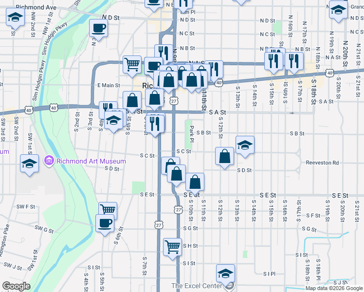 map of restaurants, bars, coffee shops, grocery stores, and more near 222 South 10th Street in Richmond