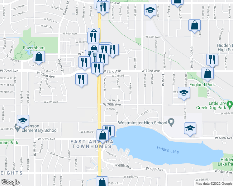 map of restaurants, bars, coffee shops, grocery stores, and more near 7007 Yates Court in Westminster