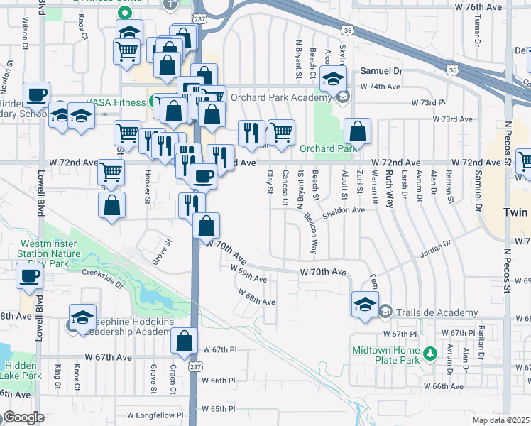 map of restaurants, bars, coffee shops, grocery stores, and more near 7091 Clay Street in Westminster