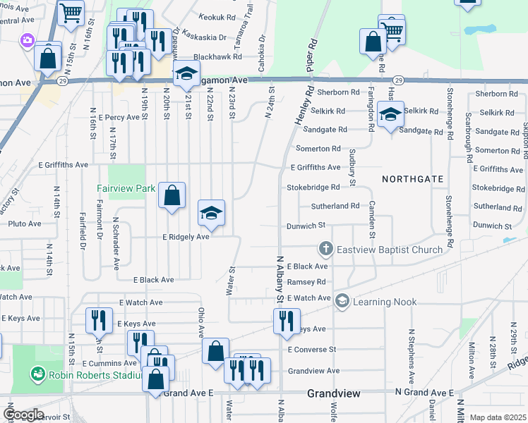 map of restaurants, bars, coffee shops, grocery stores, and more near 2132 Sutherland Court in Springfield