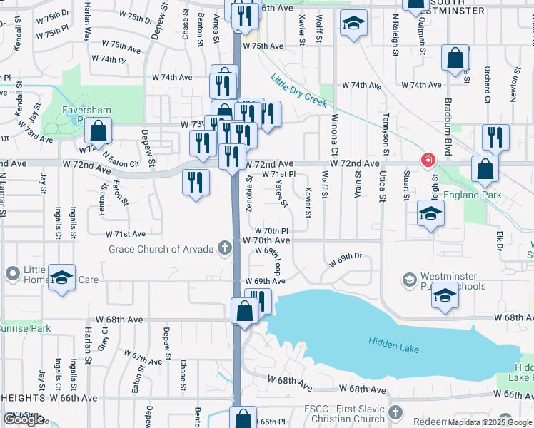 map of restaurants, bars, coffee shops, grocery stores, and more near 7007 Yates Court in Westminster