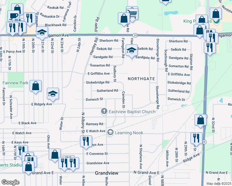 map of restaurants, bars, coffee shops, grocery stores, and more near 2300-2598 Sutherland Rd in Springfield