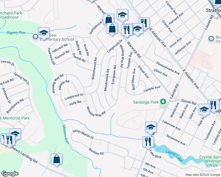 map of restaurants, bars, coffee shops, grocery stores, and more near 112 Evergreen Road in Stratford