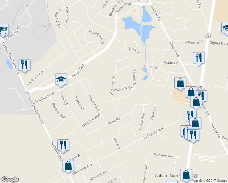 map of restaurants, bars, coffee shops, grocery stores, and more near 57 Sunset Drive in Voorhees Township