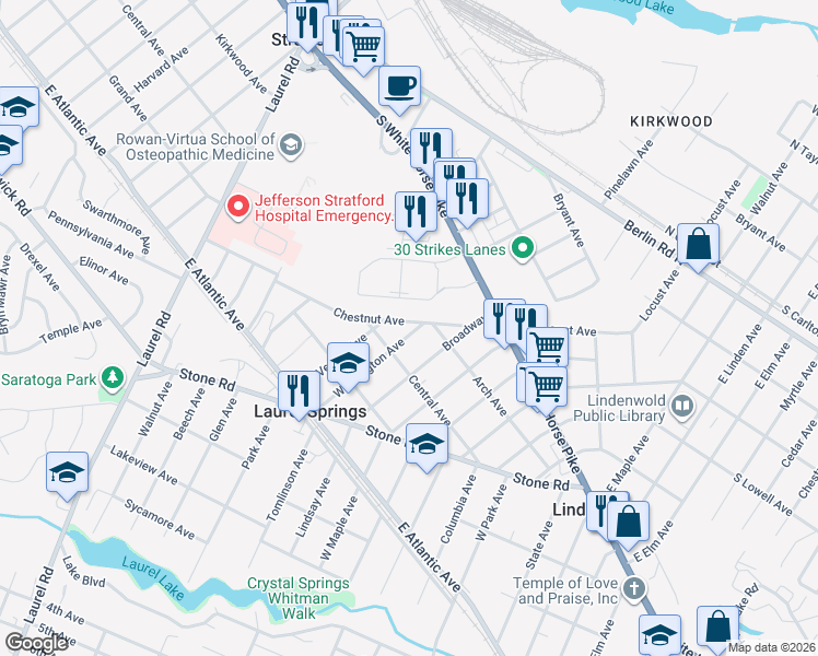 map of restaurants, bars, coffee shops, grocery stores, and more near 104 Washington Avenue in Laurel Springs