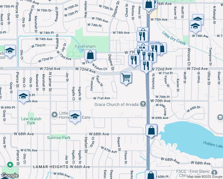map of restaurants, bars, coffee shops, grocery stores, and more near 7149 Depew Circle in Arvada