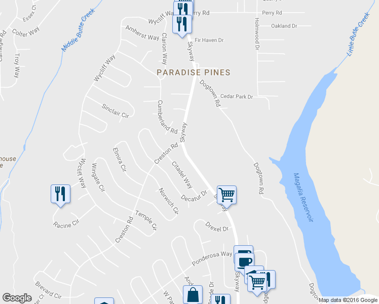 map of restaurants, bars, coffee shops, grocery stores, and more near 14290 Skyway Road in Magalia