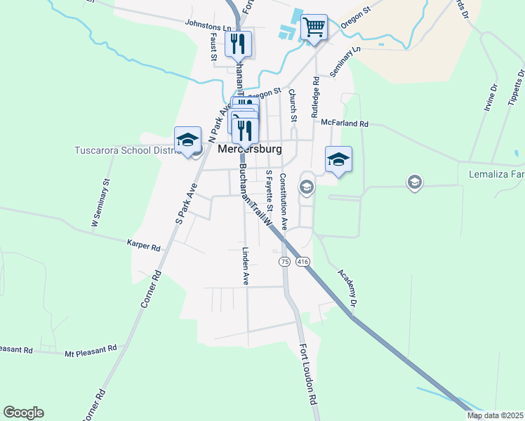 map of restaurants, bars, coffee shops, grocery stores, and more near 229 South Main Street in Mercersburg