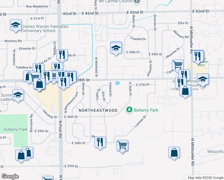 map of restaurants, bars, coffee shops, grocery stores, and more near 3727 Ireland Drive in Indianapolis