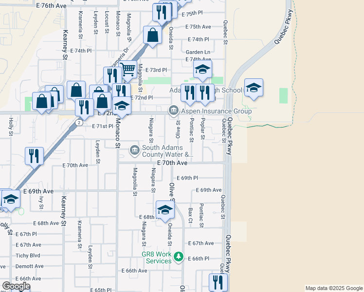 map of restaurants, bars, coffee shops, grocery stores, and more near 7090 Olive Street in Commerce City