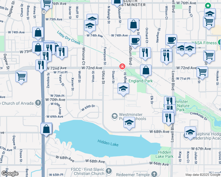 map of restaurants, bars, coffee shops, grocery stores, and more near 7045 Stuart Street in Westminster