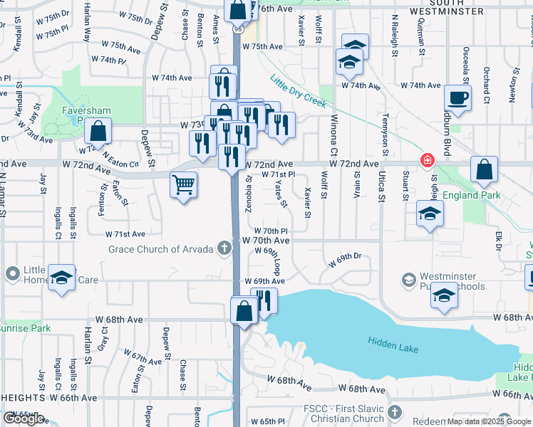map of restaurants, bars, coffee shops, grocery stores, and more near 7007 Yates Court in Westminster