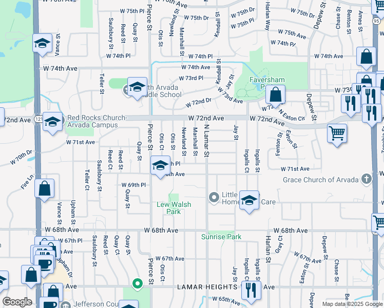 map of restaurants, bars, coffee shops, grocery stores, and more near 7044 Newland Street in Arvada