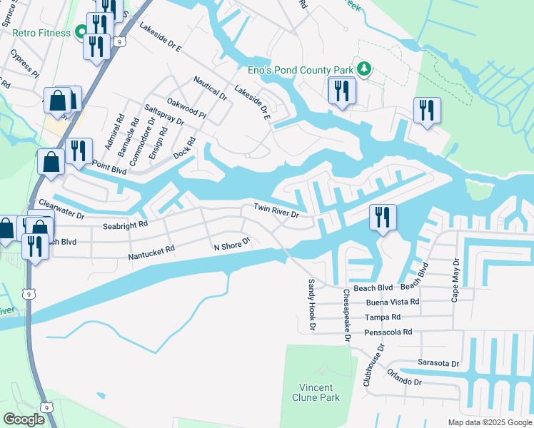 map of restaurants, bars, coffee shops, grocery stores, and more near 613 Twin River Drive in Lacey Township