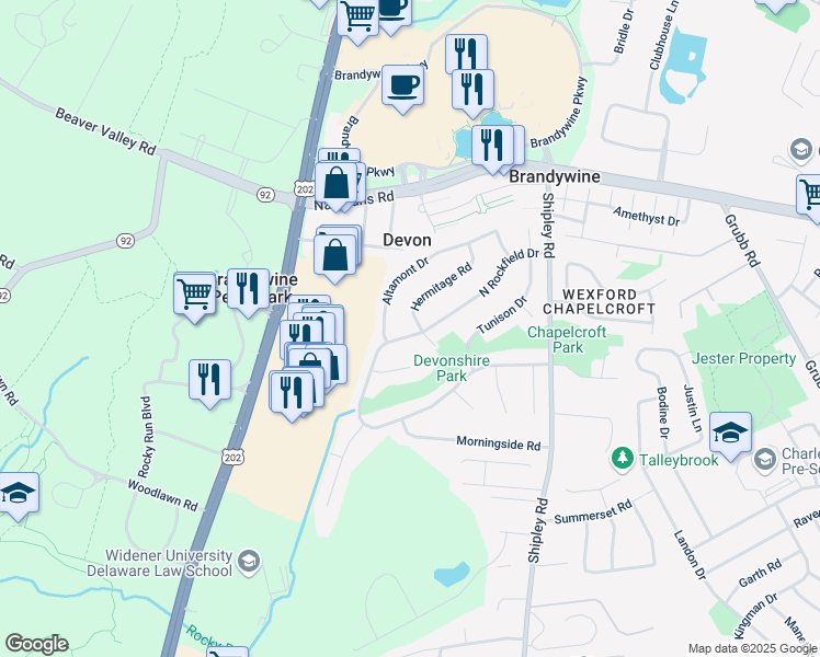 map of restaurants, bars, coffee shops, grocery stores, and more near 3401 North Rockfield Drive in Wilmington