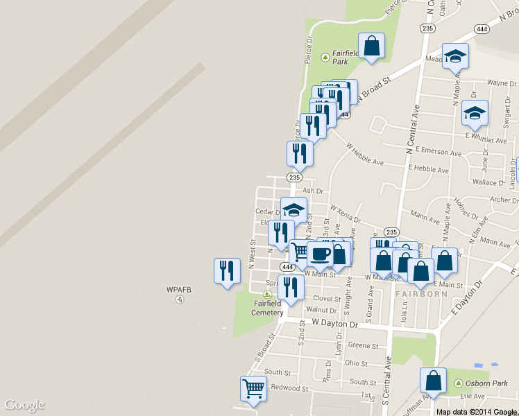 map of restaurants, bars, coffee shops, grocery stores, and more near 128 North West Street in Fairborn