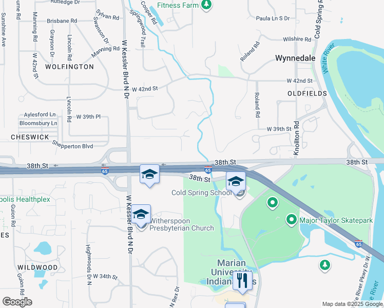 map of restaurants, bars, coffee shops, grocery stores, and more near 3813 Cooper Lane in Indianapolis